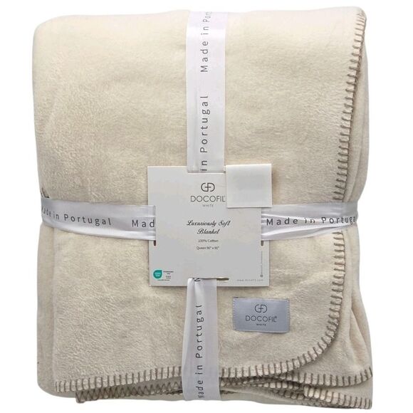 Docofil White Queen Size Cream Luxuriously Cotton Soft Blanket Made In Portugal - Picture 1 of 12